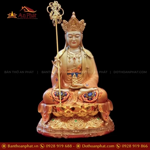 Tượng Địa Tạng Vương Ngọc Thạch Phủ Đồng Tọa Đài Sen vàng ánh nâu T2395