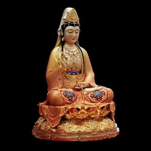 Tượng Quan Âm Ngọc Thạch Phủ Đồng Tọa Đài Sen vàng ánh nâu T2396