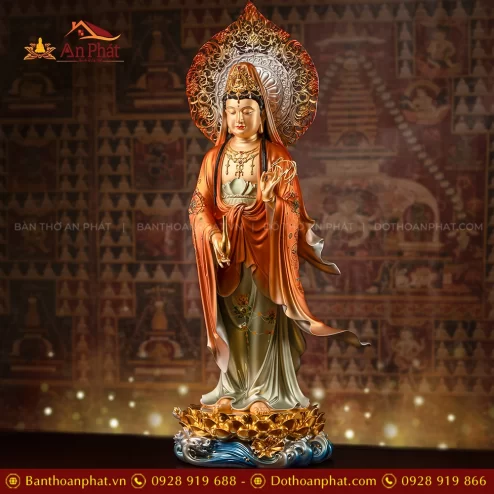 Tượng Quan Thế Âm Bồ Tát đứng bằng đồng đẹp