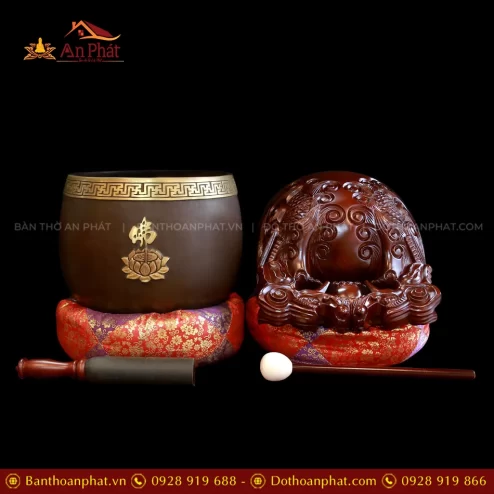 Bộ Chuông Đồng Chữ Phật - Mõ Rồng Gỗ cỡ lớn AK11218