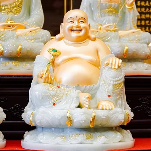 Tượng Bồ Tát Di Lặc Tọa Đài Sen Ngọc Thạch Phủ Đồng Hào Quang T2556