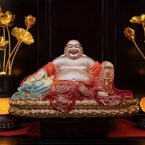Tượng Di Lặc Ngọc Thạch Phủ Đồng Đỏ Đế Xanh Dương T2553