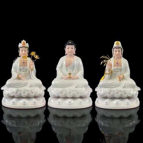 Bộ Tượng Tây Phương Tam Thánh Bằng Bột Đá Trắng Ngồi Đài Sen Đế To T2471