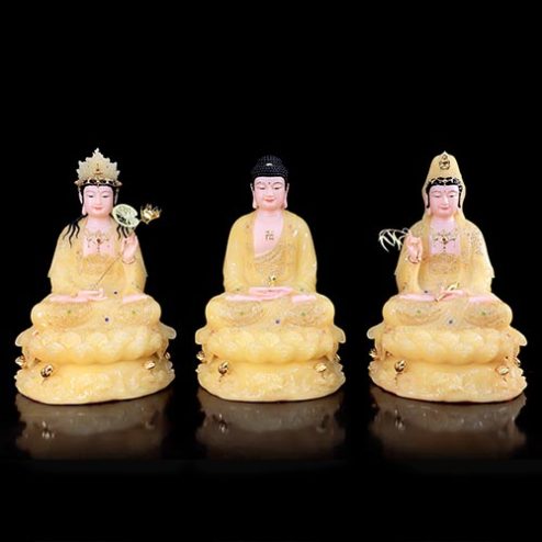 Bộ Tượng Tây Phương Tam Thánh Ngồi Đế Non Nước Bột Đá Màu Thạch Anh Cao Cấp T2469