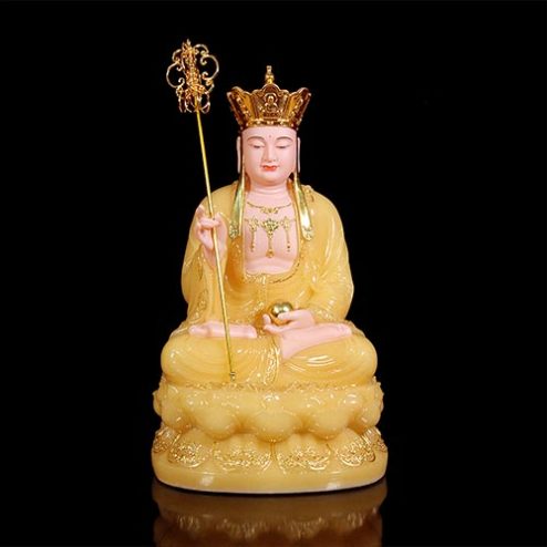 Tượng Địa Tạng Vương Bồ Tát Bột Đá Thạch Anh Viền Vàng Dàng Ngồi Cao Cấp T2639