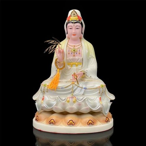 Tượng Phật Bà Quan Âm Bồ Tát Bột Đá Sơn Màu Nhập Khẩu Dáng Ngồi Đài Sen T2584