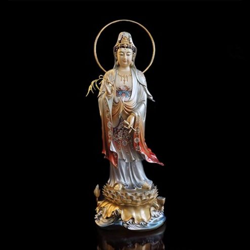 Tượng Phật Bà Quan Âm Bồ Tát Đứng Đồng Cao Cấp Sơn Màu Men Cổ T2561