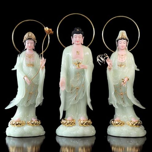 Tượng Phật Tây Phương Tam Thánh Bột Đá Xanh Ngọc Dáng Đứng Mây Cao Cấp T2468