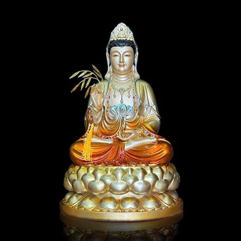 Tượng Quan Âm Bồ Tát Bột Đá Sơn Màu Cam Dáng Ngồi Đài Sen 3 Tầng T2601