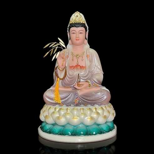 Tượng Quan Âm Bồ Tát Bột Đá Sơn Màu Tím Dáng Ngồi Đài Sen 3 Tầng T2602