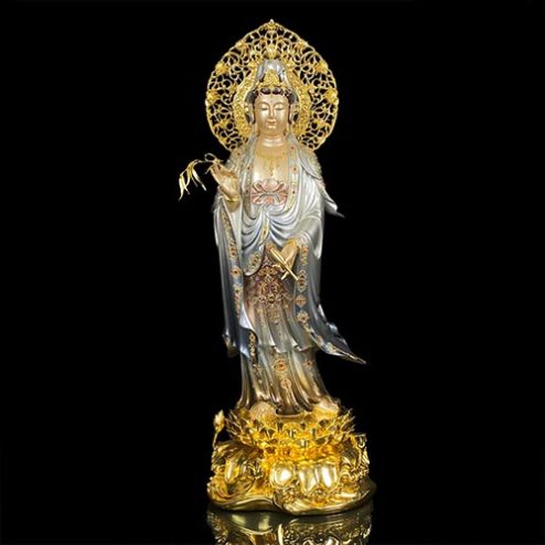Tượng Quan Âm Bồ Tát Đứng Đế Non Nước Có Lá Đề Cao Cấp T2579
