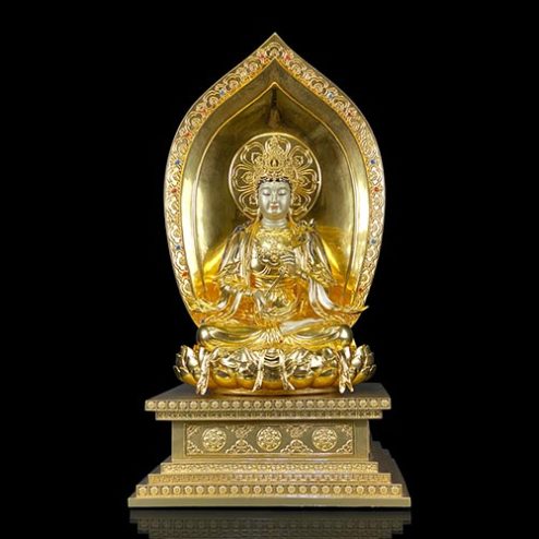Tượng Quan Âm Bồ Tát Ngồi Đế Kim Cang Đồng Dát Vàng Cao Cấp Nhập Khẩu T2717