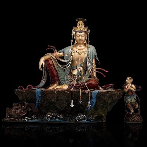 Tượng Quan Âm Ngồi Tự Tại Đồng Màu Cổ Kim Cao Cấp T2728