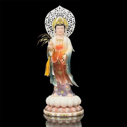 Tượng Quan Thế Âm Bồ Tát Bột Đá Nhập Khẩu Dáng Đứng Có Lá Đề Viền Vàng T2580