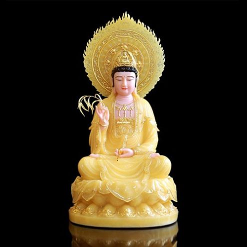 Tượng Quan Thế Âm Bồ Tát Bột Đá Thạch Anh Ngồi Đài Sen Có Lá Đề Viền Vàng T2562