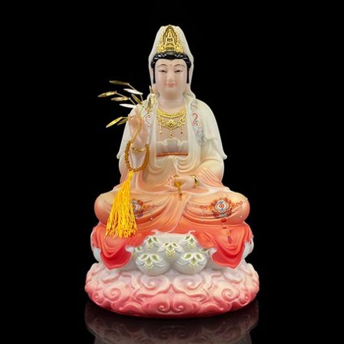 Tượng Quan Thế Âm Bồ Tát Ngồi Đế Mây Bằng Bột Đá Cao Cấp Sơn Màu Đỏ T2596