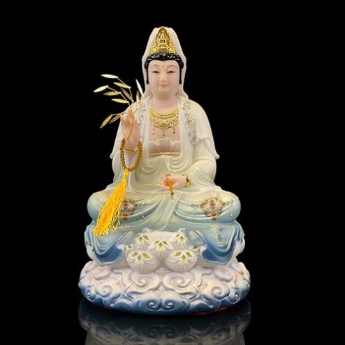 Tượng Quan Thế Âm Bồ Tát Ngồi Đế Mây Bằng Bột Đá Sơn Màu Xanh Cao Cấp T2595