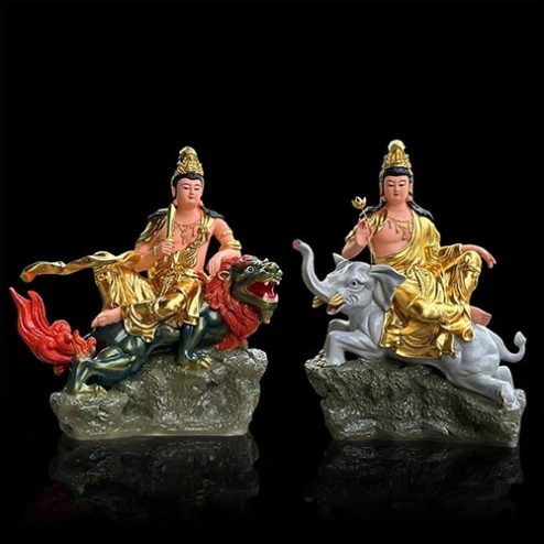 Bộ Tượng Văn Thù Phổ Hiền Bồ Tát Composite Dát Vàng Cưỡi Linh Thú T2737