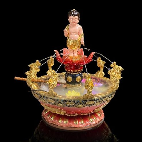 Chậu Tắm Phật Cửu Long Đỏ Composite Kèm Tượng Đản Sanh Nhập Khẩu T2757